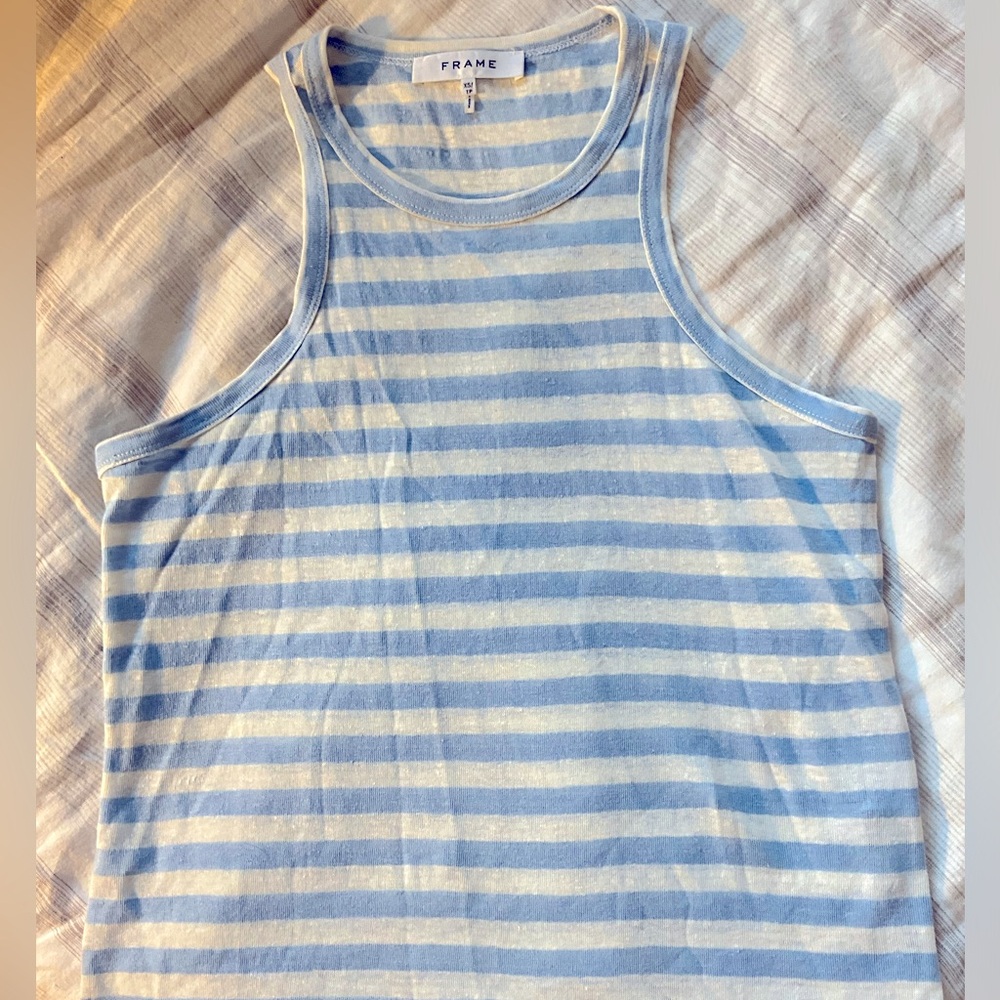 FRAME ultra Fine 100% Linen Blue and White Tank Top Size XS/TP